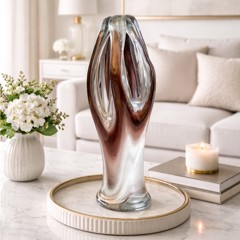 Vintage Hand Blown Art Glass Vase Brown White Swirl Sculptural MCM Decor